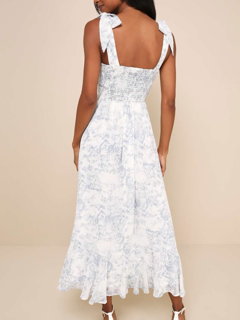 NWT Lulus Summer Invite White and Blue Toile Tie-Strap Tiered Midi Dress - Picture 2 of 7